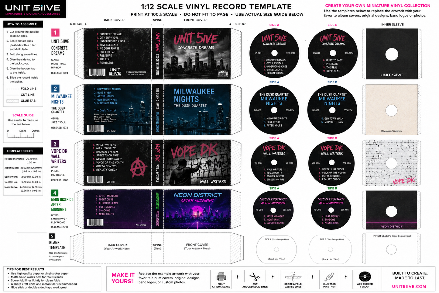 1:12 Scale Vinyl Record Template Pack | Create Your Own Miniature Album Collection