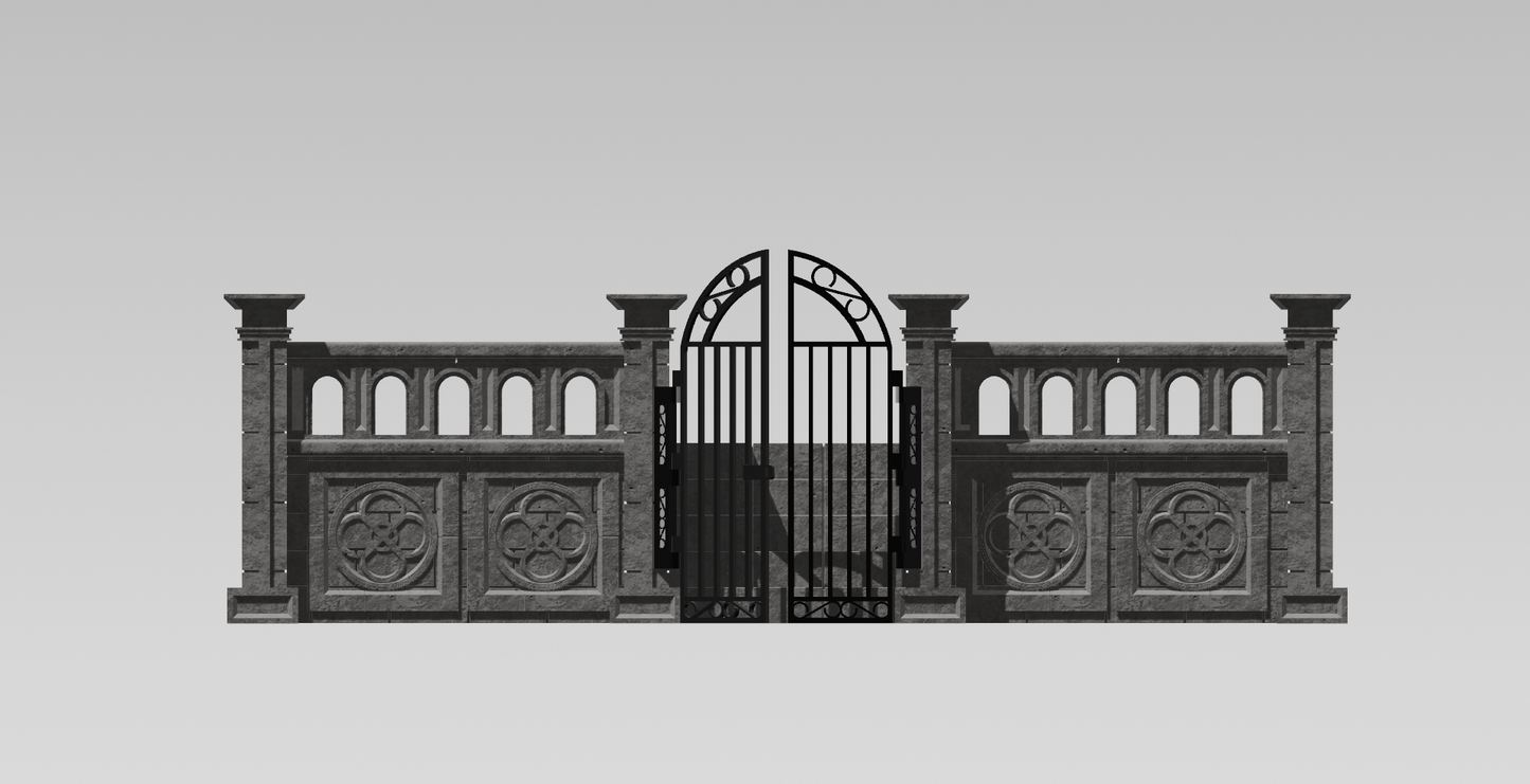 1:12 Scale Gothic Gate Diorama STL – Stone Wall with Iron Gate