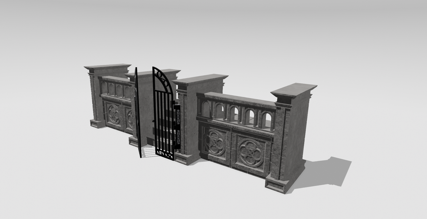 1:12 Scale Gothic Gate Diorama STL – Stone Wall with Iron Gate