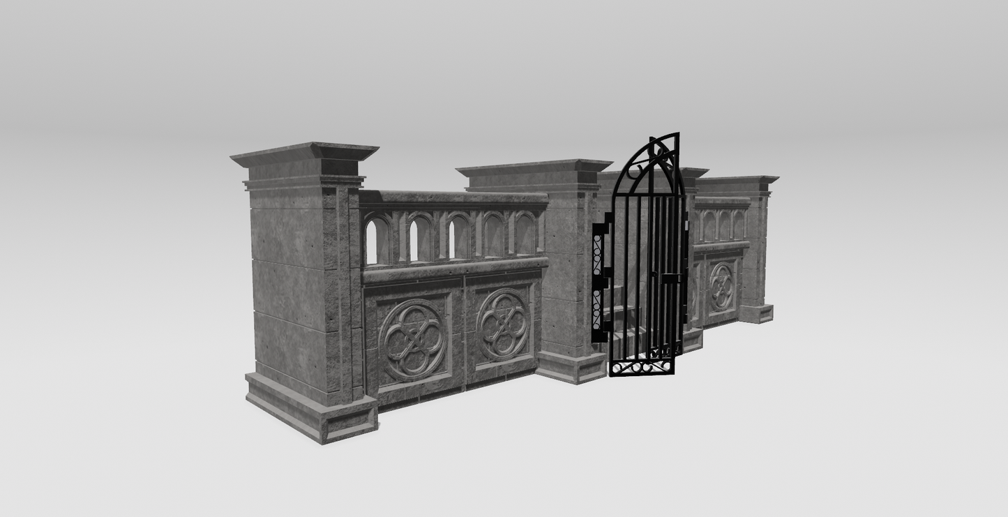 1:12 Scale Gothic Gate Diorama STL – Stone Wall with Iron Gate