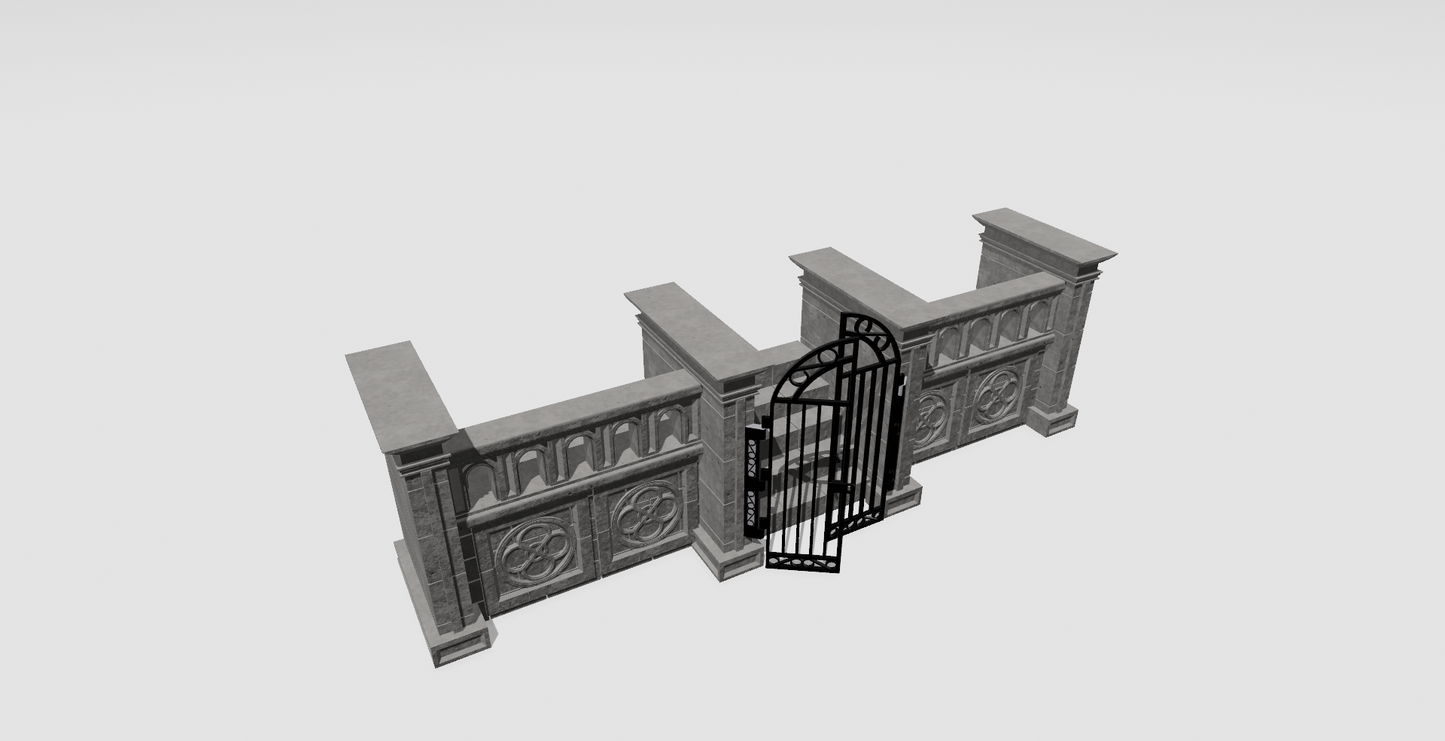 1:12 Scale Gothic Gate Diorama STL – Stone Wall with Iron Gate