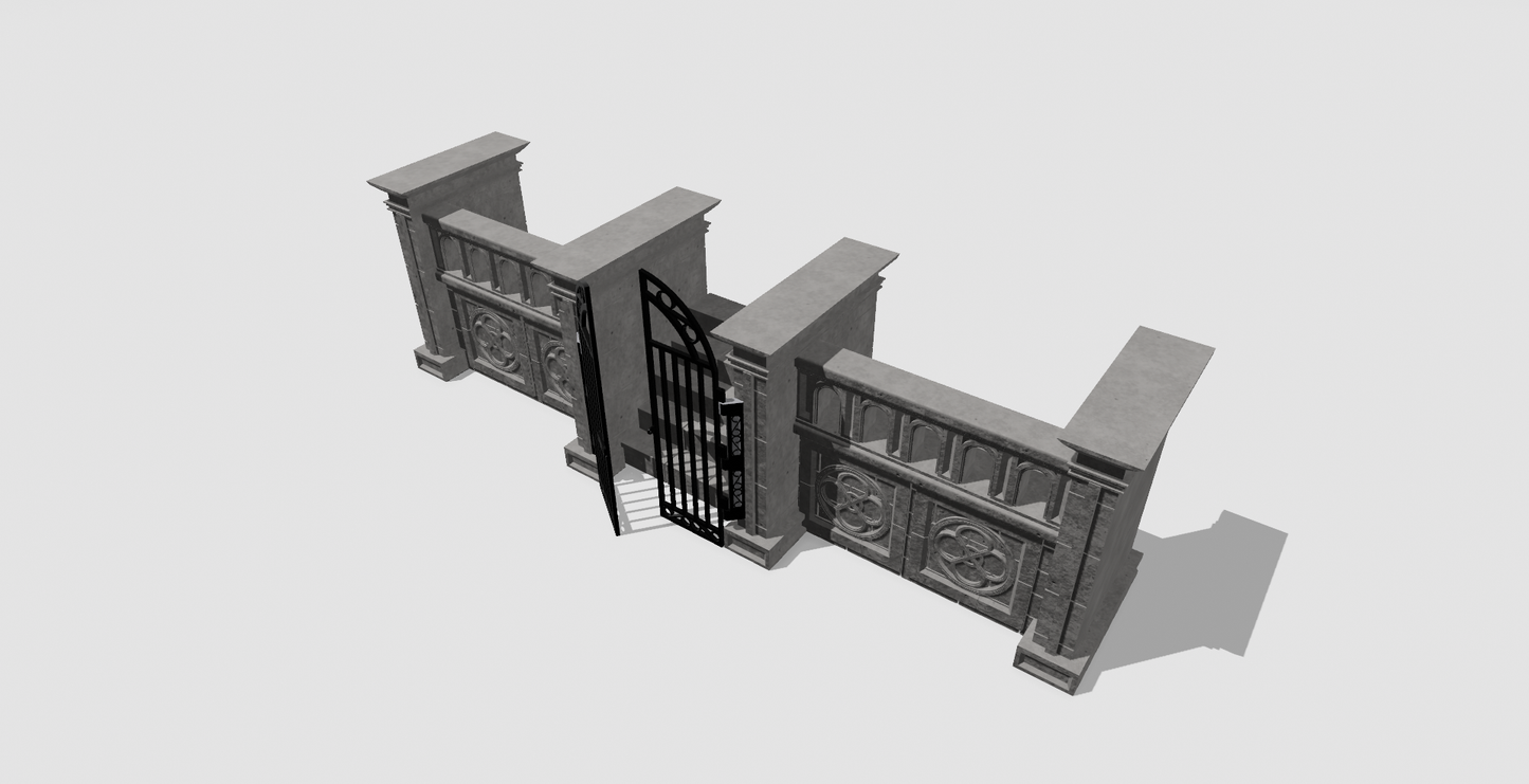 1:12 Scale Gothic Gate Diorama STL – Stone Wall with Iron Gate